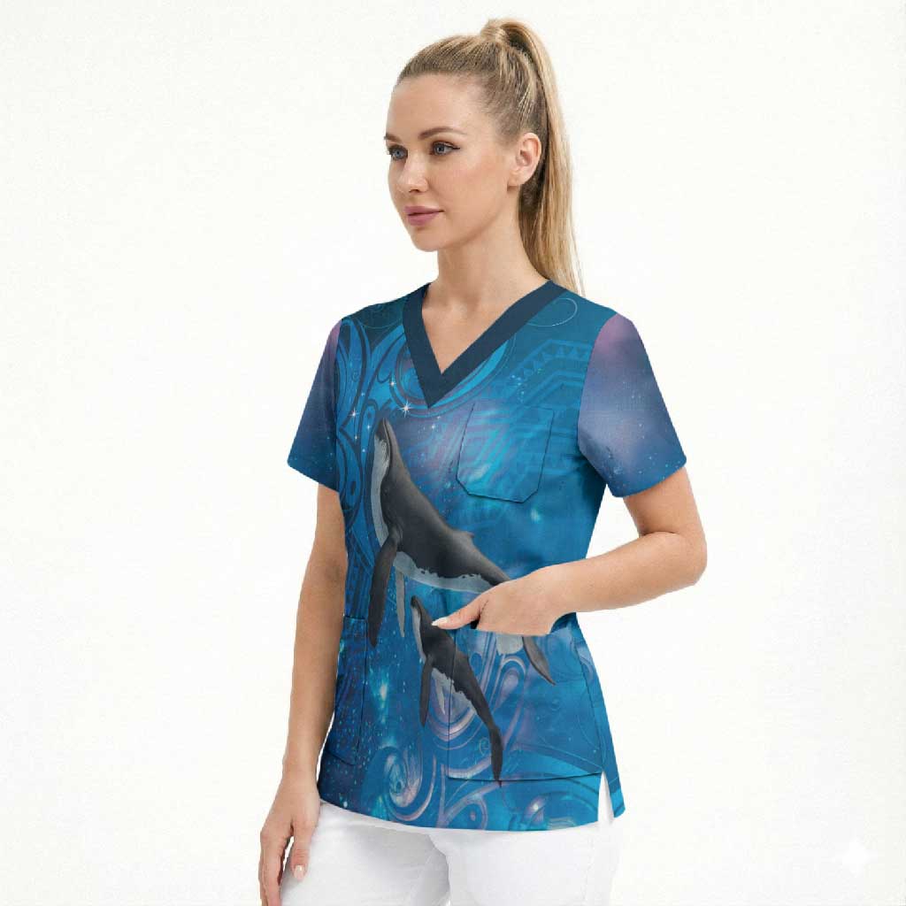 Paikea New Zealand Matariki Scrub Top Humpback Whale Taniko Motifs Ocean Vibes