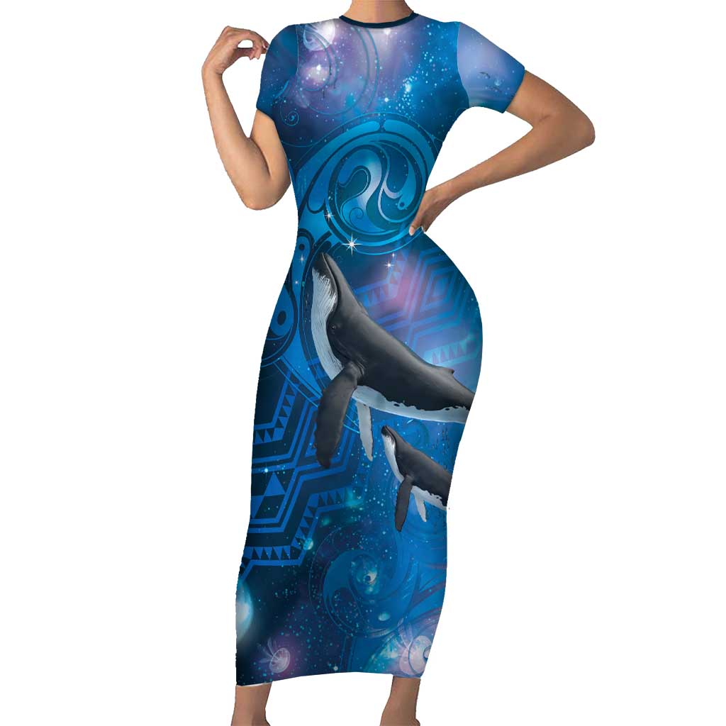Paikea New Zealand Matariki Short Sleeve Bodycon Dress Humpback Whale Taniko Motifs Ocean Vibes LT14 Long Dress Blue - Polynesian Pride