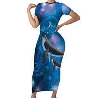 Paikea New Zealand Matariki Short Sleeve Bodycon Dress Humpback Whale Taniko Motifs Ocean Vibes LT14 Long Dress Blue - Polynesian Pride