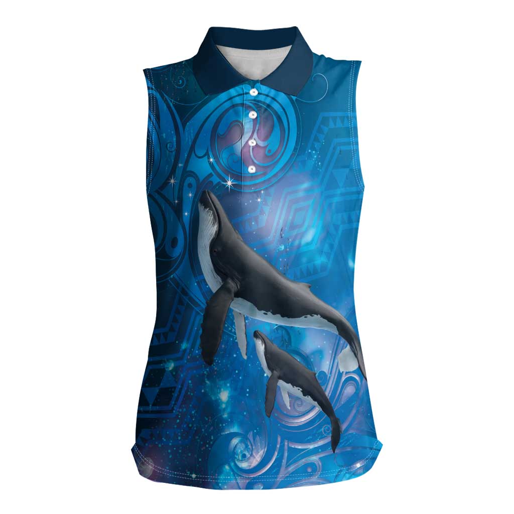 Paikea New Zealand Matariki Women Sleeveless Polo Shirt Humpback Whale Taniko Motifs Ocean Vibes LT14 Female Blue - Polynesian Pride