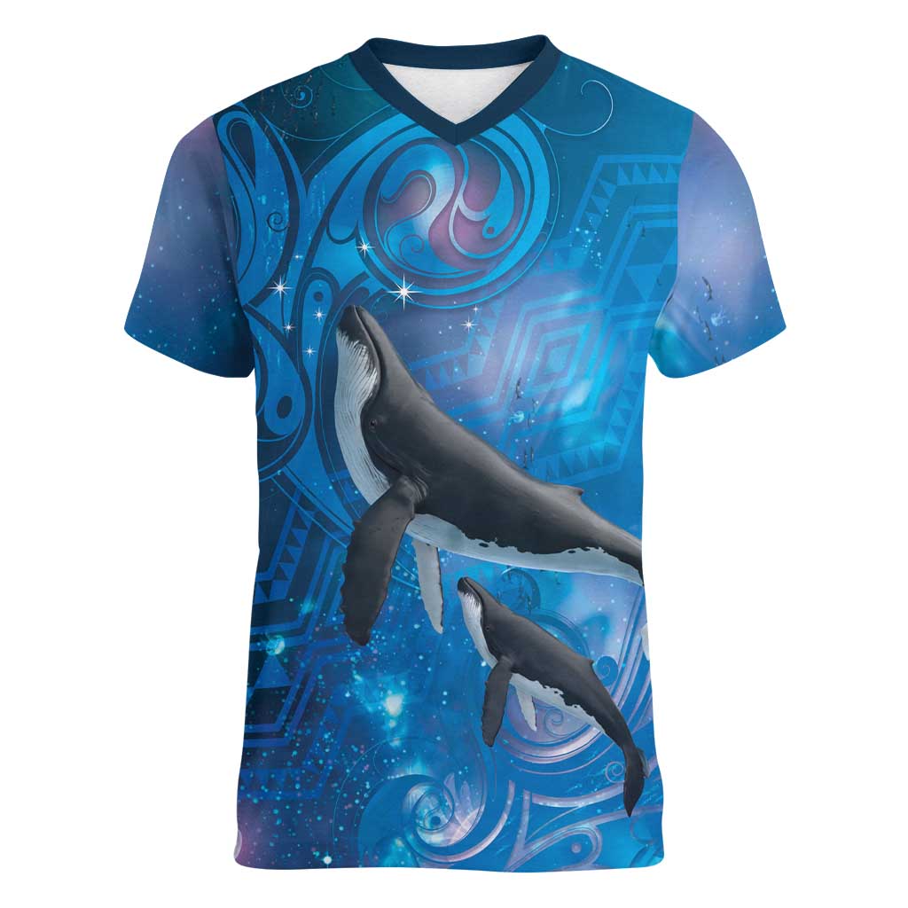 Paikea New Zealand Matariki Women V-Neck T-Shirt Humpback Whale Taniko Motifs Ocean Vibes LT14 Female Blue - Polynesian Pride