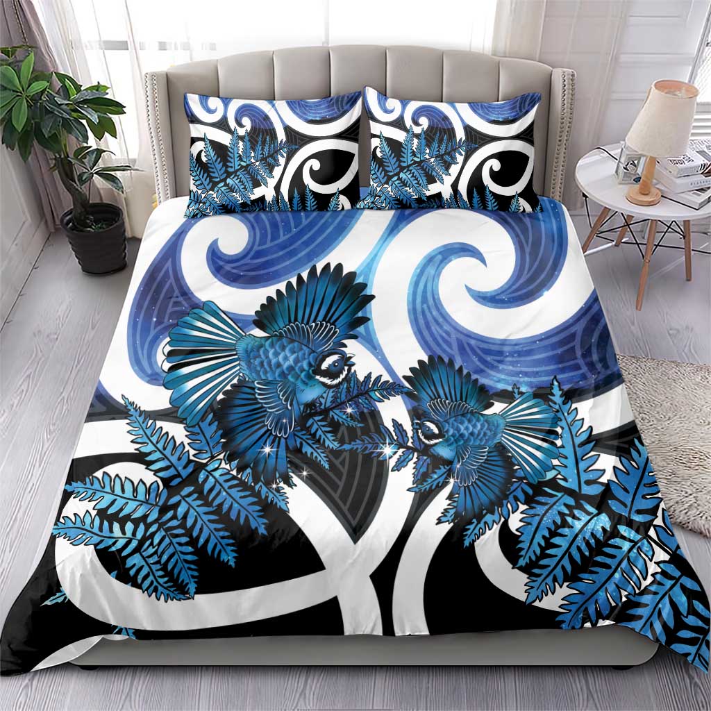 Piwakawaka New Zealand Matariki Bedding Set Maori New Year Silver Fern Blue Galaxy