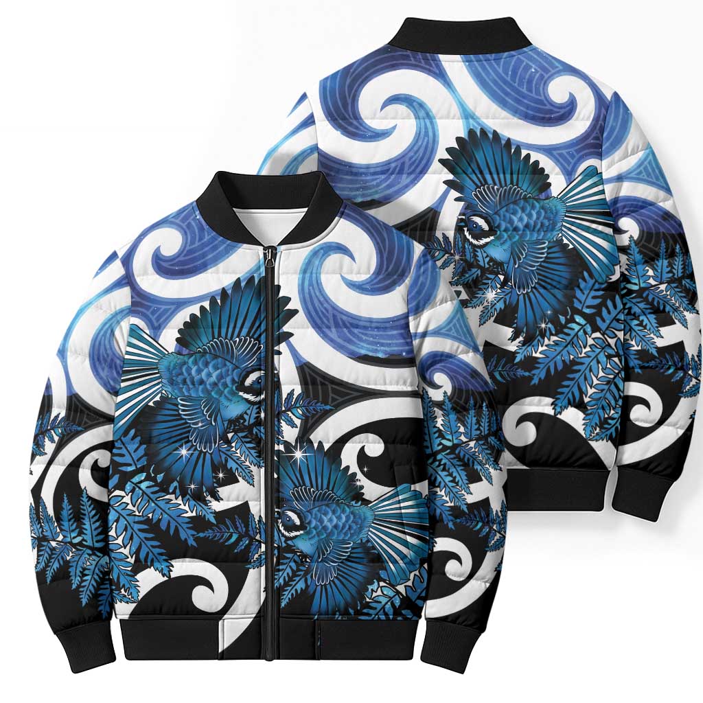 Piwakawaka New Zealand Matariki Bomber Puffer Jacket Maori New Year Silver Fern Blue Galaxy