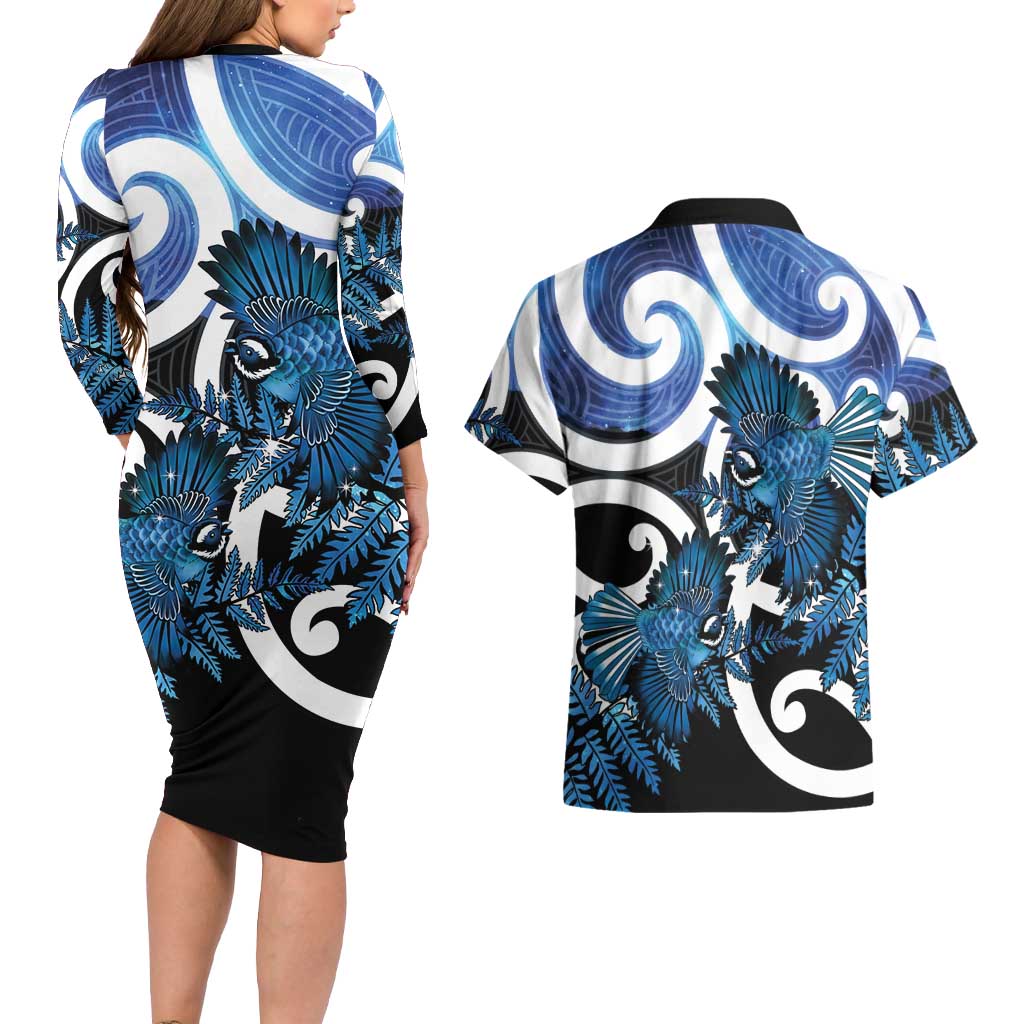 Piwakawaka New Zealand Matariki Couples Matching Long Sleeve Bodycon Dress and Hawaiian Shirt Maori New Year Silver Fern Blue Galaxy LT14 - Polynesian Pride