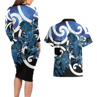 Piwakawaka New Zealand Matariki Couples Matching Long Sleeve Bodycon Dress and Hawaiian Shirt Maori New Year Silver Fern Blue Galaxy LT14 - Polynesian Pride