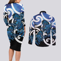 Piwakawaka New Zealand Matariki Couples Matching Long Sleeve Bodycon Dress and Long Sleeve Button Shirt Maori New Year Silver Fern Blue Galaxy LT14 - Polynesian Pride