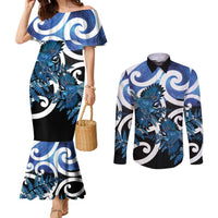 Piwakawaka New Zealand Matariki Couples Matching Mermaid Dress and Long Sleeve Button Shirt Maori New Year Silver Fern Blue Galaxy LT14 Blue - Polynesian Pride