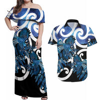 Piwakawaka New Zealand Matariki Couples Matching Off Shoulder Maxi Dress and Hawaiian Shirt Maori New Year Silver Fern Blue Galaxy LT14 Blue - Polynesian Pride