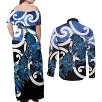 Piwakawaka New Zealand Matariki Couples Matching Off Shoulder Maxi Dress and Long Sleeve Button Shirt Maori New Year Silver Fern Blue Galaxy LT14 - Polynesian Pride