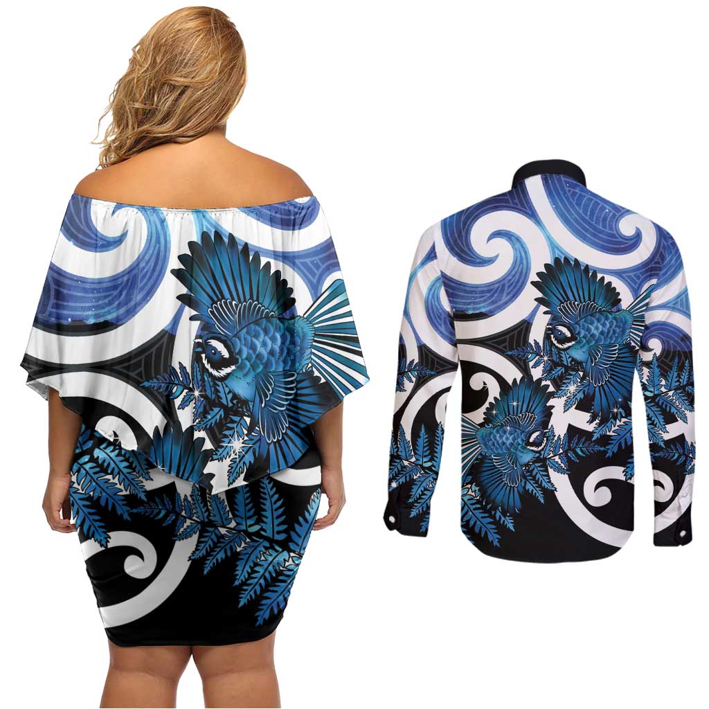 Piwakawaka New Zealand Matariki Couples Matching Off Shoulder Short Dress and Long Sleeve Button Shirt Maori New Year Silver Fern Blue Galaxy LT14 - Polynesian Pride