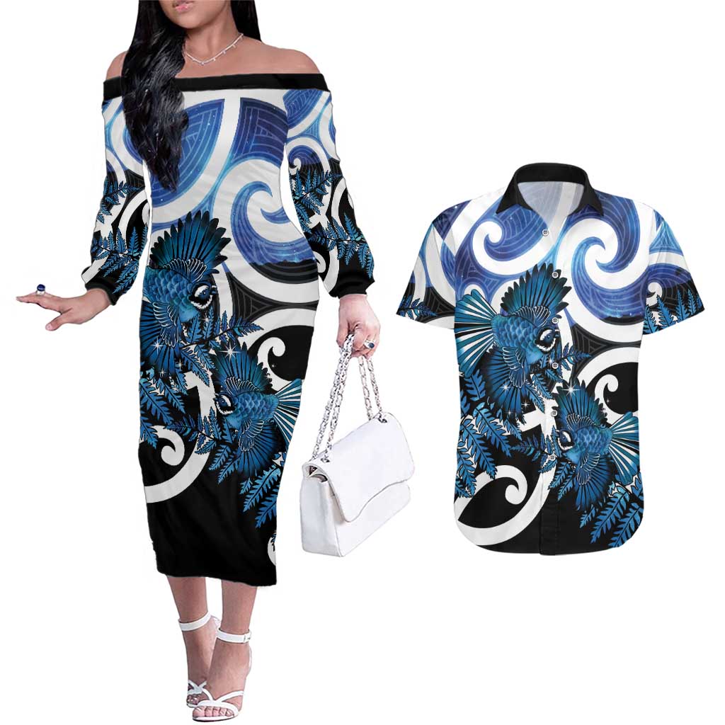 Piwakawaka New Zealand Matariki Couples Matching Off The Shoulder Long Sleeve Dress and Hawaiian Shirt Maori New Year Silver Fern Blue Galaxy
