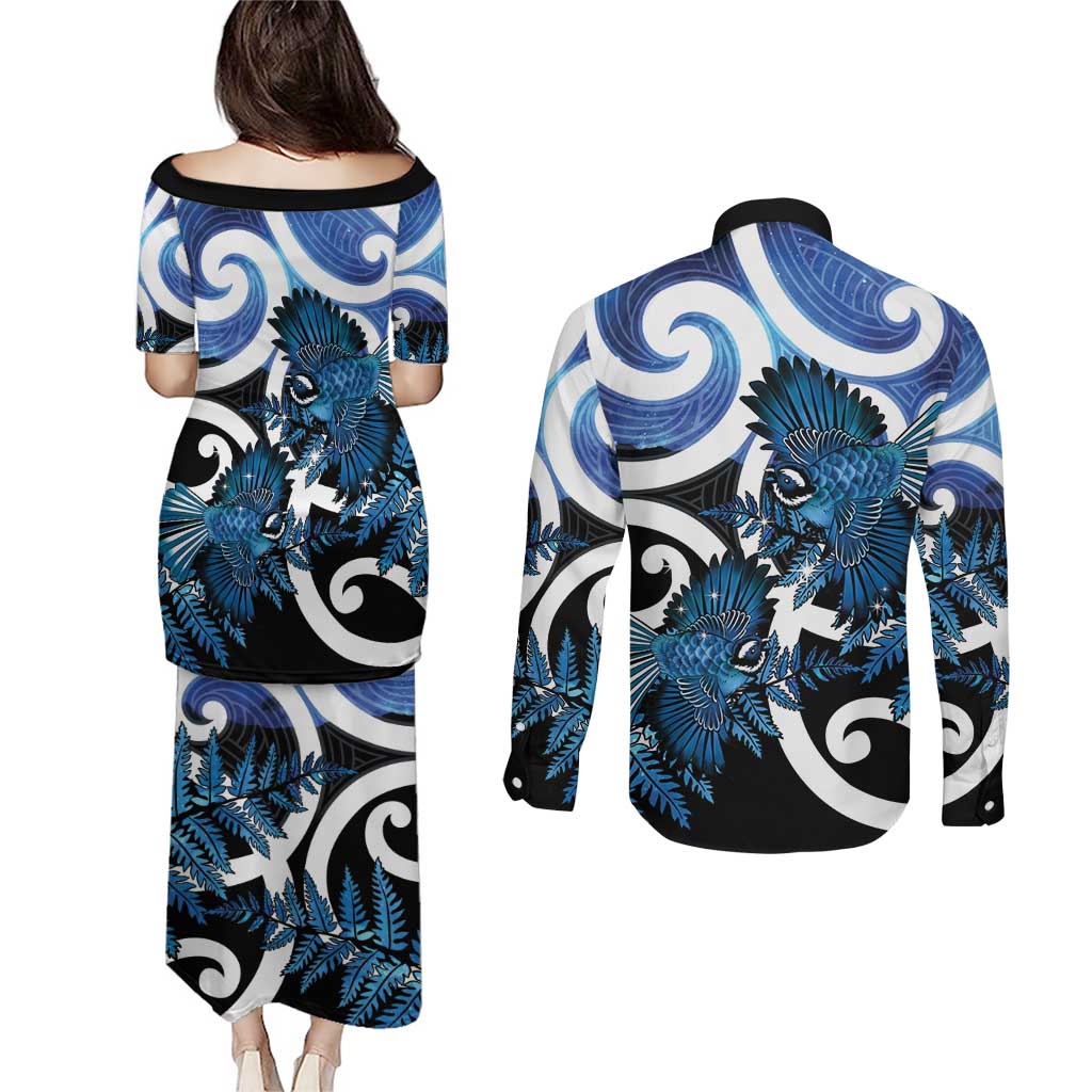 Piwakawaka New Zealand Matariki Couples Matching Puletasi and Long Sleeve Button Shirt Maori New Year Silver Fern Blue Galaxy LT14 - Polynesian Pride