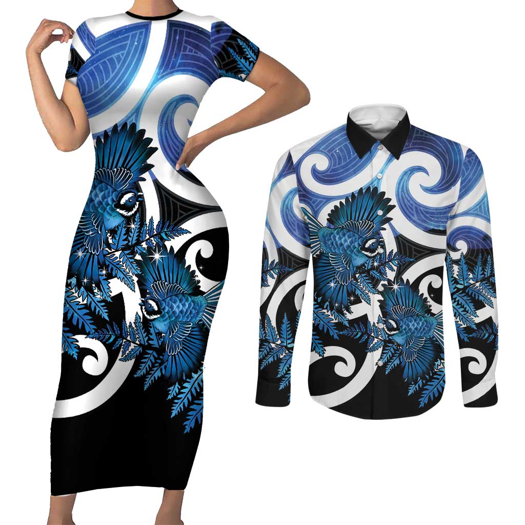 Piwakawaka New Zealand Matariki Couples Matching Short Sleeve Bodycon Dress and Long Sleeve Button Shirt Maori New Year Silver Fern Blue Galaxy LT14 Blue - Polynesian Pride
