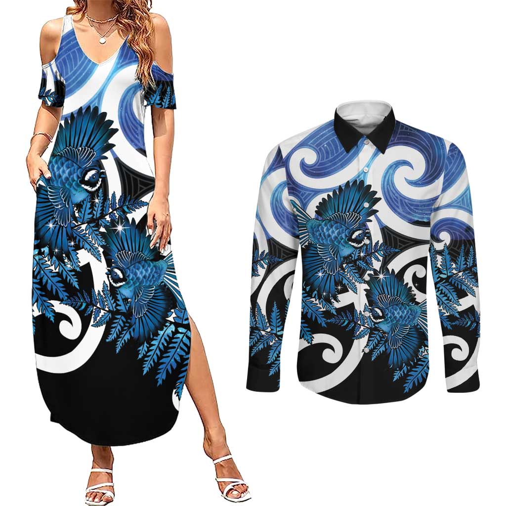 Piwakawaka New Zealand Matariki Couples Matching Summer Maxi Dress and Long Sleeve Button Shirt Maori New Year Silver Fern Blue Galaxy LT14 Blue - Polynesian Pride