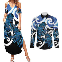 Piwakawaka New Zealand Matariki Couples Matching Summer Maxi Dress and Long Sleeve Button Shirt Maori New Year Silver Fern Blue Galaxy LT14 Blue - Polynesian Pride