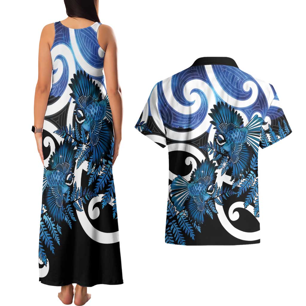 Piwakawaka New Zealand Matariki Couples Matching Tank Maxi Dress and Hawaiian Shirt Maori New Year Silver Fern Blue Galaxy LT14 - Polynesian Pride