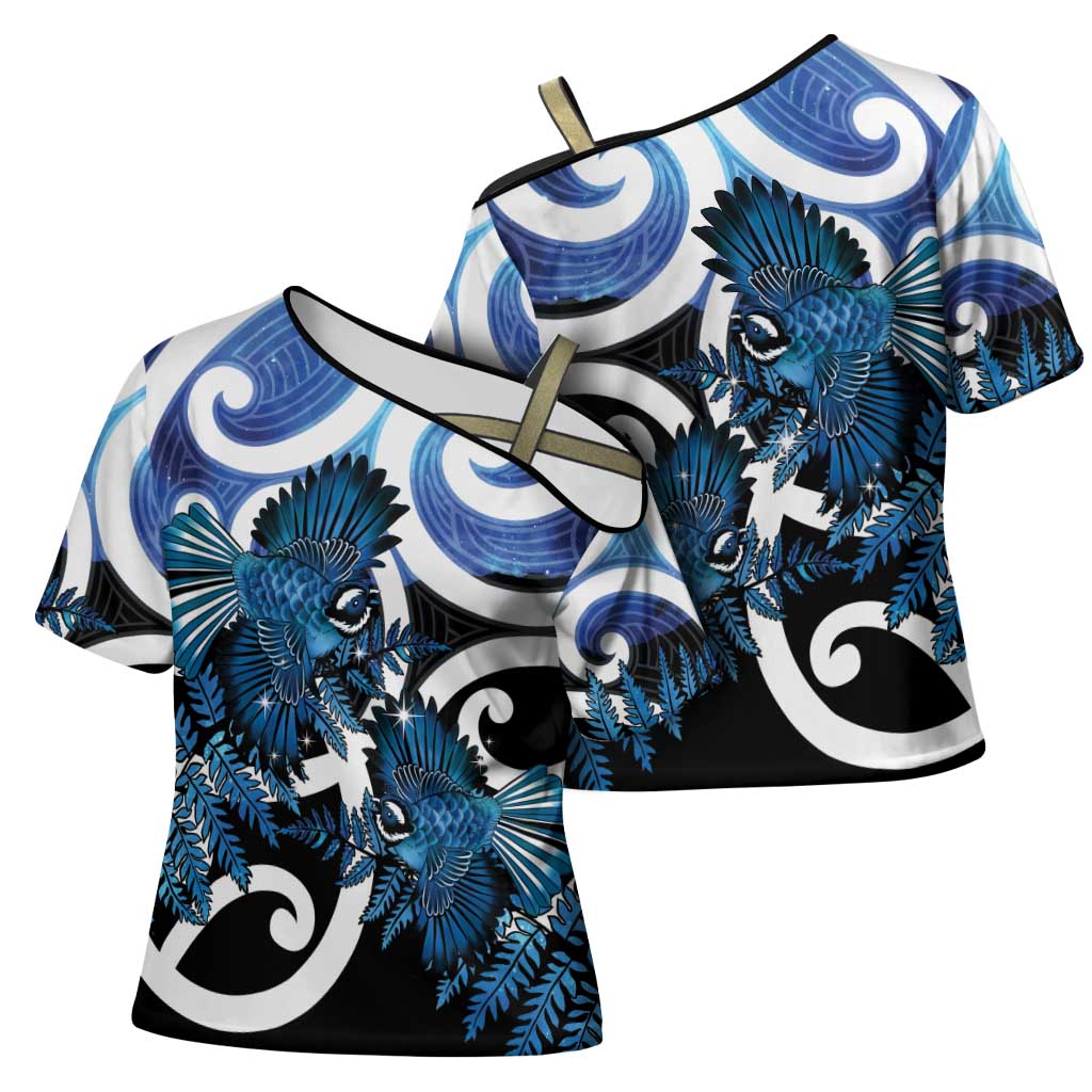 Piwakawaka New Zealand Matariki Cross Shoulder Shirt Maori New Year Silver Fern Blue Galaxy LT14 - Polynesian Pride