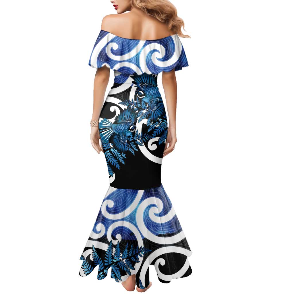 Piwakawaka New Zealand Matariki Family Matching Mermaid Dress and Hawaiian Shirt Maori New Year Silver Fern Blue Galaxy LT14 - Polynesian Pride