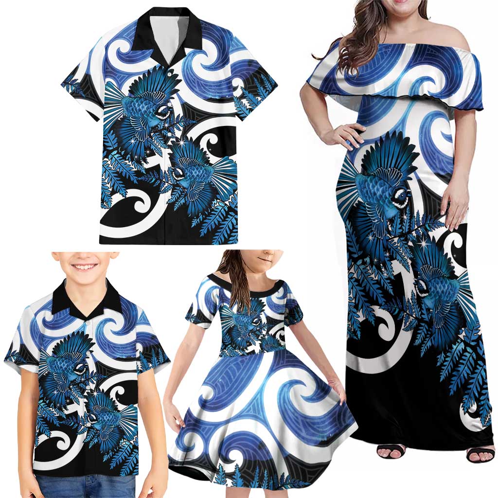 Piwakawaka New Zealand Matariki Family Matching Off Shoulder Maxi Dress and Hawaiian Shirt Maori New Year Silver Fern Blue Galaxy