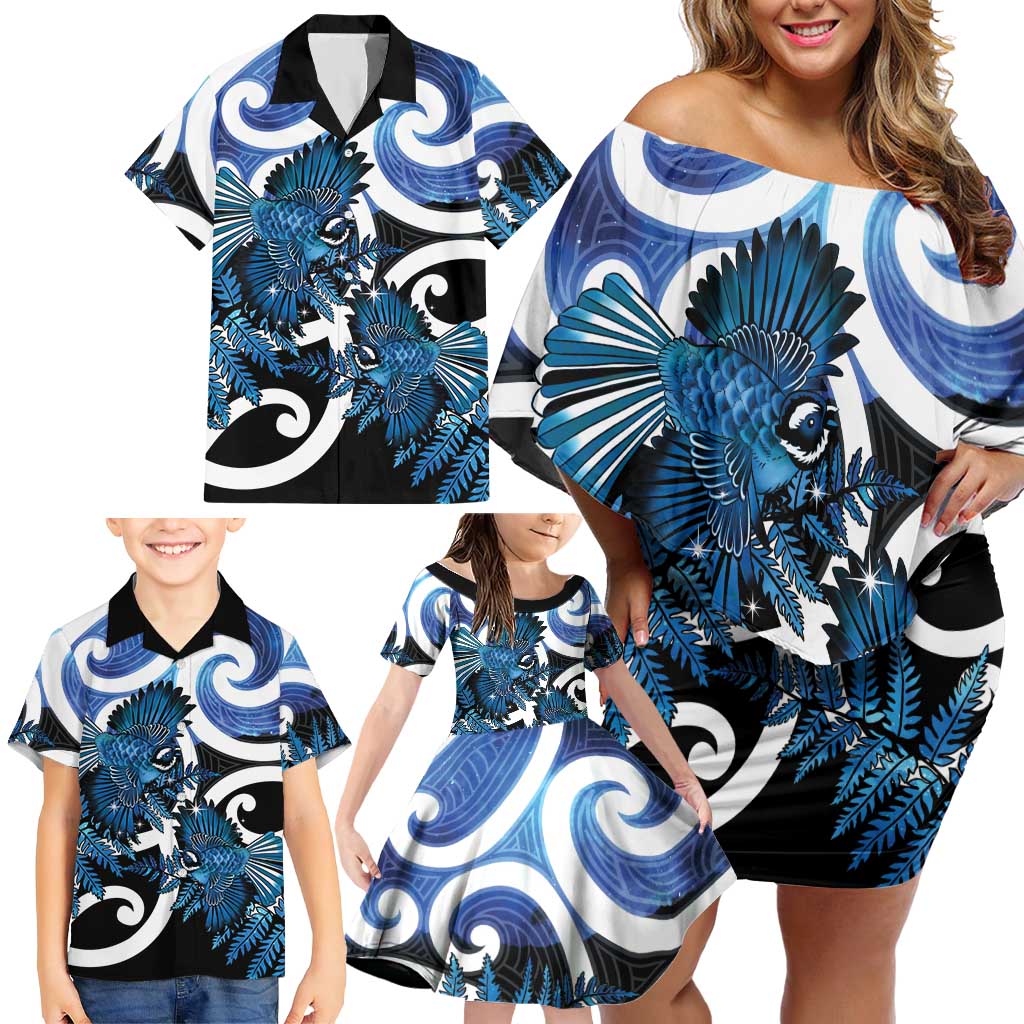 Piwakawaka New Zealand Matariki Family Matching Off Shoulder Short Dress and Hawaiian Shirt Maori New Year Silver Fern Blue Galaxy LT14 - Polynesian Pride