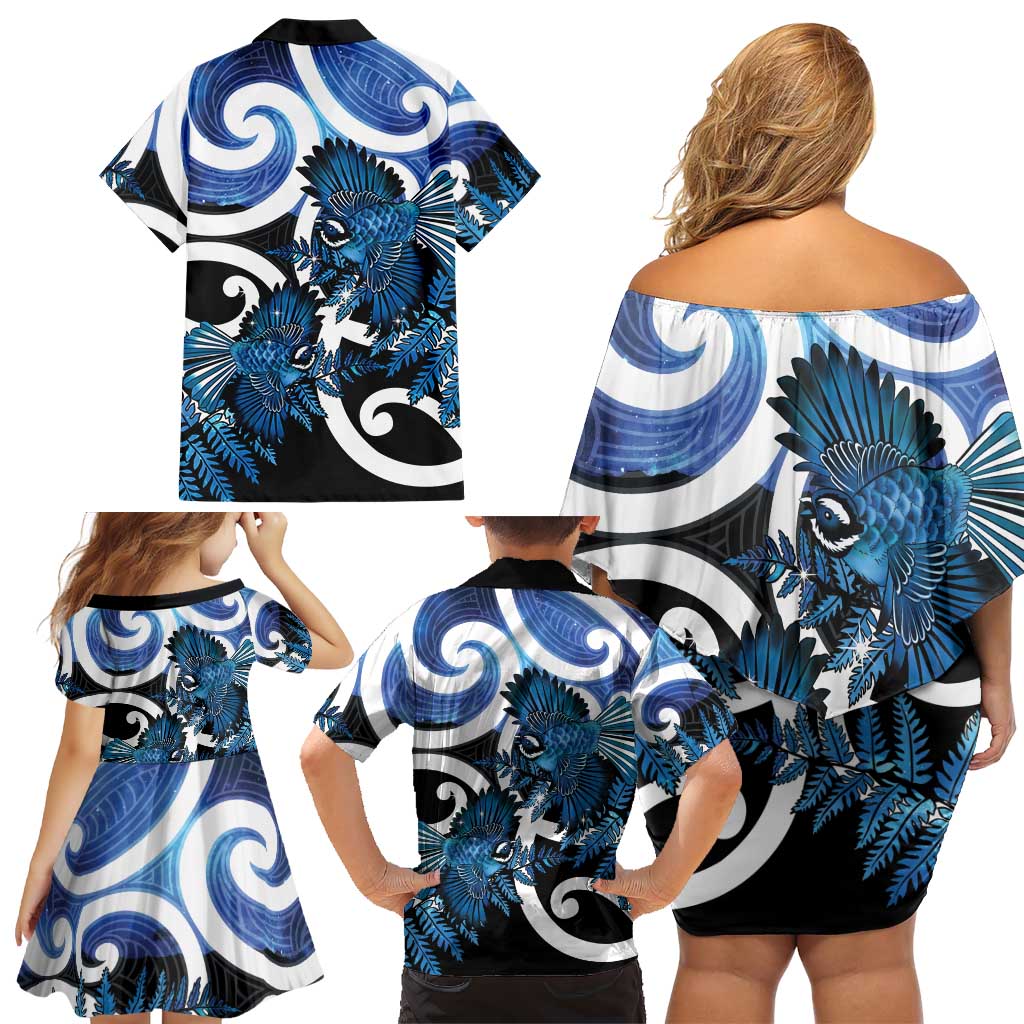 Piwakawaka New Zealand Matariki Family Matching Off Shoulder Short Dress and Hawaiian Shirt Maori New Year Silver Fern Blue Galaxy LT14 - Polynesian Pride