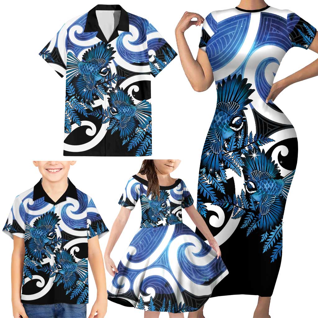 Piwakawaka New Zealand Matariki Family Matching Short Sleeve Bodycon Dress and Hawaiian Shirt Maori New Year Silver Fern Blue Galaxy LT14 - Polynesian Pride