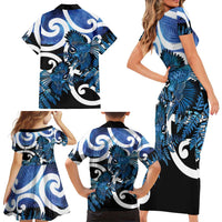 Piwakawaka New Zealand Matariki Family Matching Short Sleeve Bodycon Dress and Hawaiian Shirt Maori New Year Silver Fern Blue Galaxy LT14 - Polynesian Pride