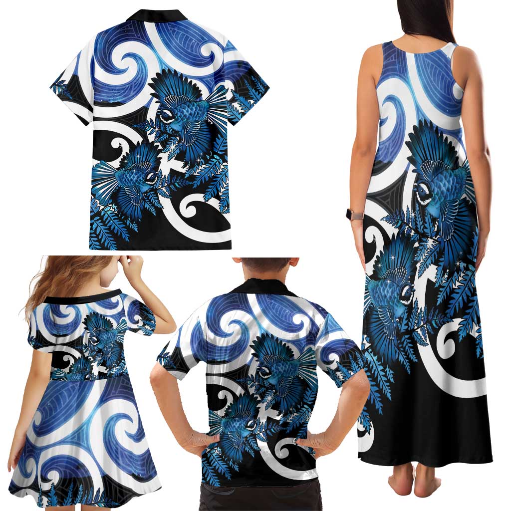 Piwakawaka New Zealand Matariki Family Matching Tank Maxi Dress and Hawaiian Shirt Maori New Year Silver Fern Blue Galaxy LT14 - Polynesian Pride