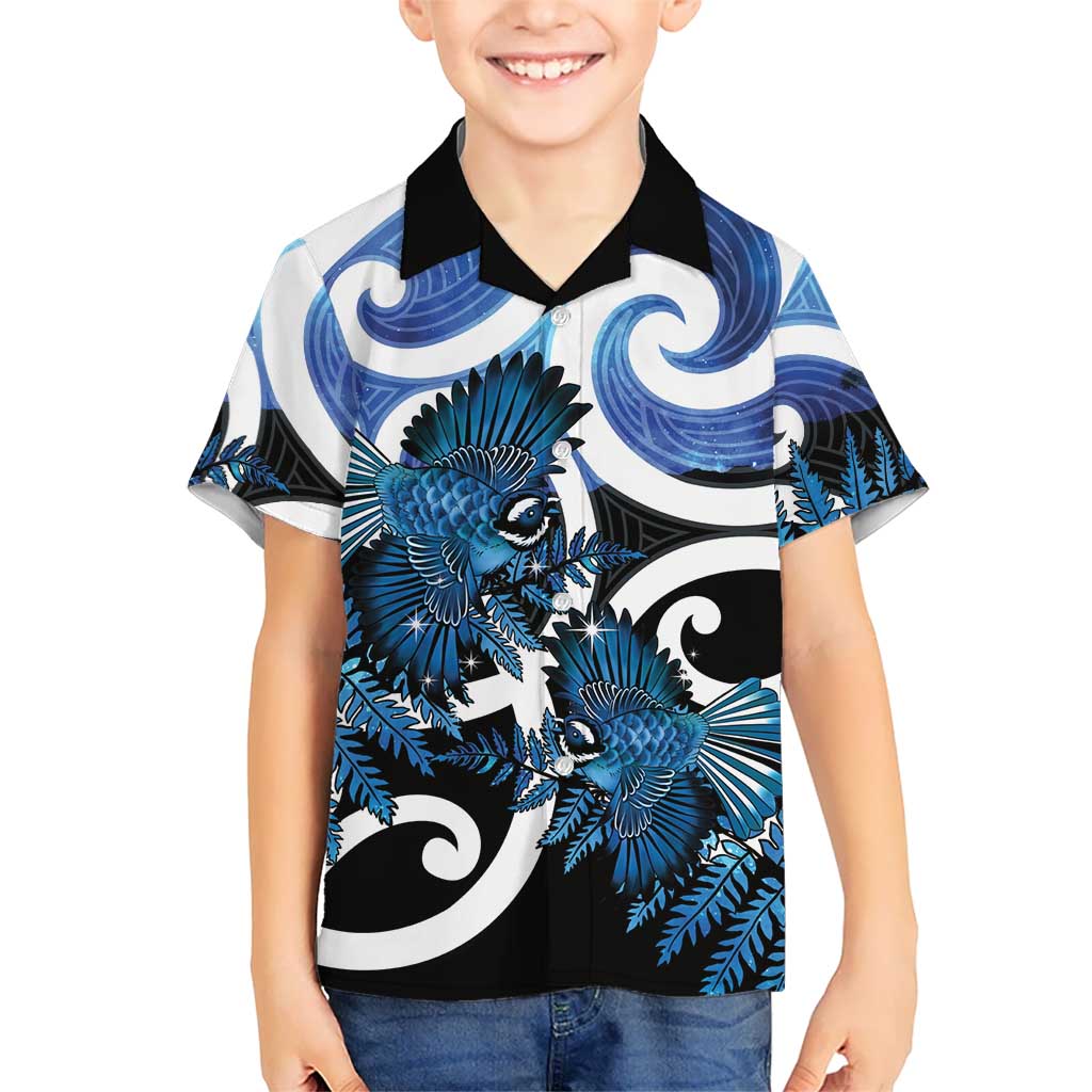 Piwakawaka New Zealand Matariki Kid Hawaiian Shirt Maori New Year Silver Fern Blue Galaxy
