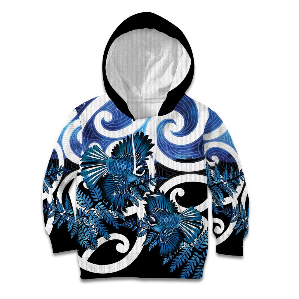 Piwakawaka New Zealand Matariki Kid Hoodie Maori New Year Silver Fern Blue Galaxy