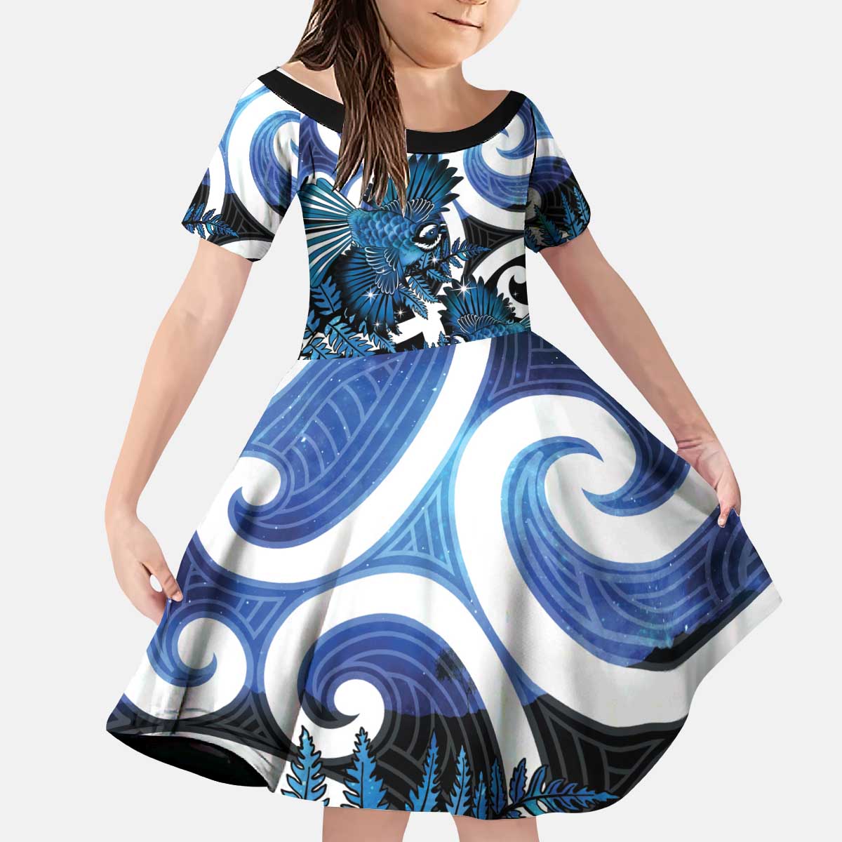 Piwakawaka New Zealand Matariki Kid Short Sleeve Dress Maori New Year Silver Fern Blue Galaxy