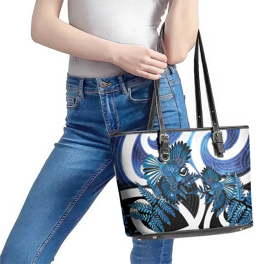 Piwakawaka New Zealand Matariki Leather Tote Bag Maori New Year Silver Fern Blue Galaxy