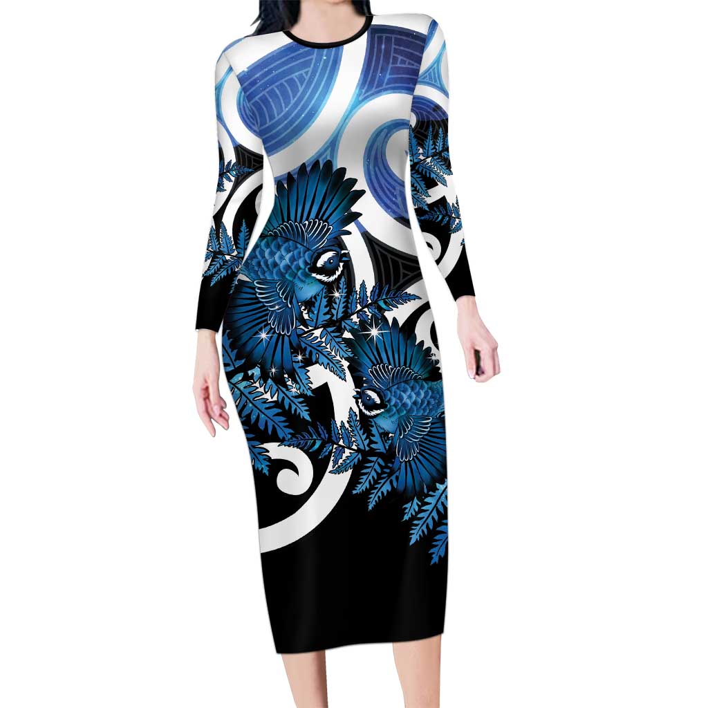 Piwakawaka New Zealand Matariki Long Sleeve Bodycon Dress Maori New Year Silver Fern Blue Galaxy LT14 Long Dress Blue - Polynesian Pride