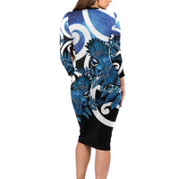 Piwakawaka New Zealand Matariki Long Sleeve Bodycon Dress Maori New Year Silver Fern Blue Galaxy LT14 - Polynesian Pride