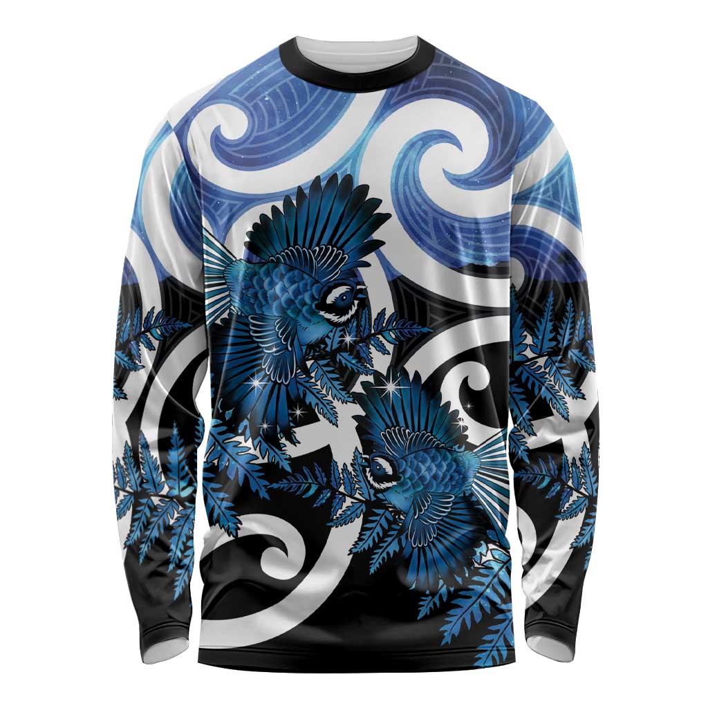 Piwakawaka New Zealand Matariki Long Sleeve Shirt Maori New Year Silver Fern Blue Galaxy