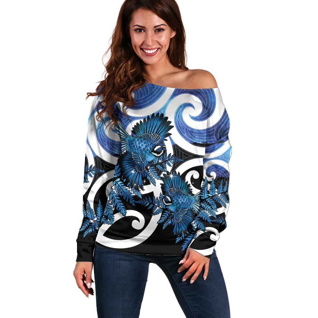 Piwakawaka New Zealand Matariki Off Shoulder Sweater Maori New Year Silver Fern Blue Galaxy