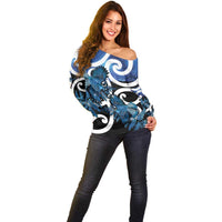 Piwakawaka New Zealand Matariki Off Shoulder Sweater Maori New Year Silver Fern Blue Galaxy