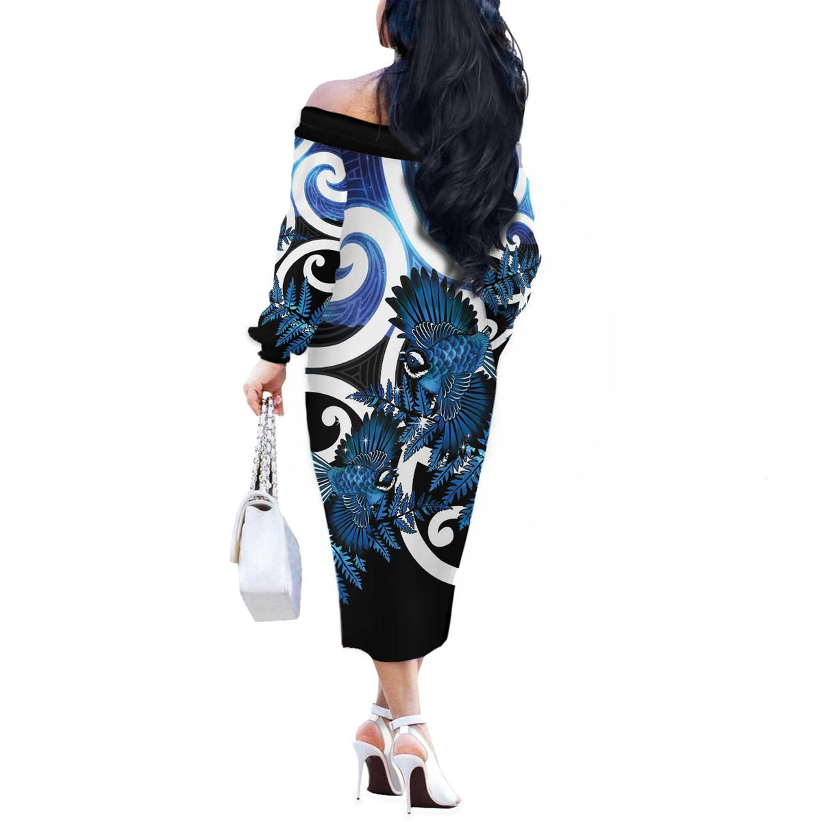 Piwakawaka New Zealand Matariki Off The Shoulder Long Sleeve Dress Maori New Year Silver Fern Blue Galaxy LT14 - Polynesian Pride