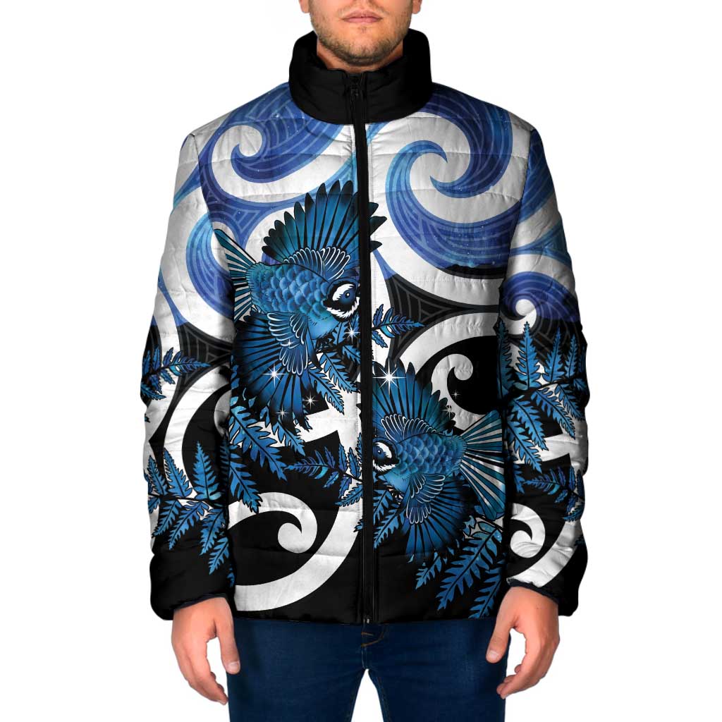 Piwakawaka New Zealand Matariki Padded Jacket Maori New Year Silver Fern Blue Galaxy