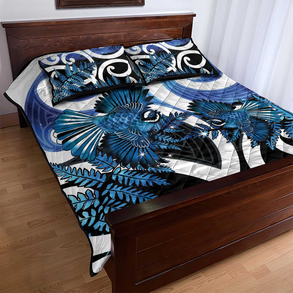 Piwakawaka New Zealand Matariki Quilt Bed Set Maori New Year Silver Fern Blue Galaxy