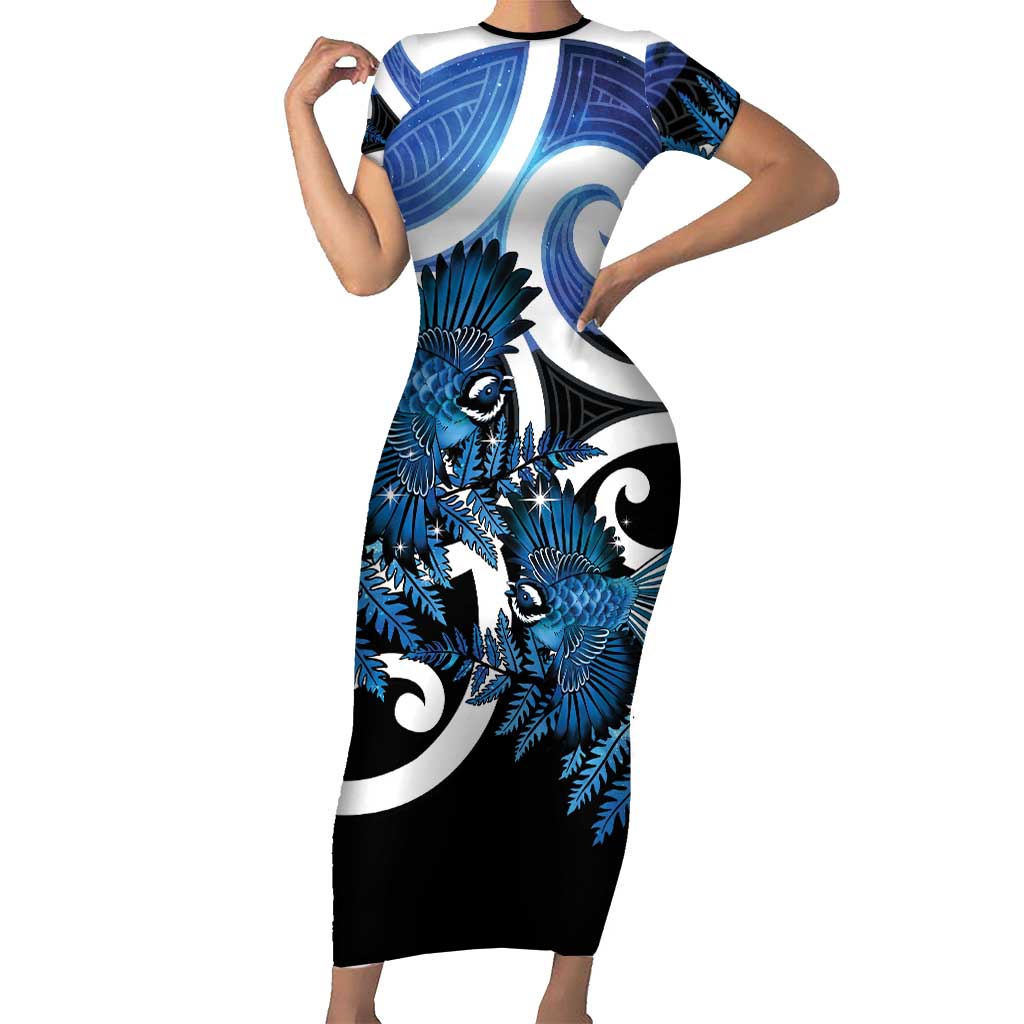 Piwakawaka New Zealand Matariki Short Sleeve Bodycon Dress Maori New Year Silver Fern Blue Galaxy