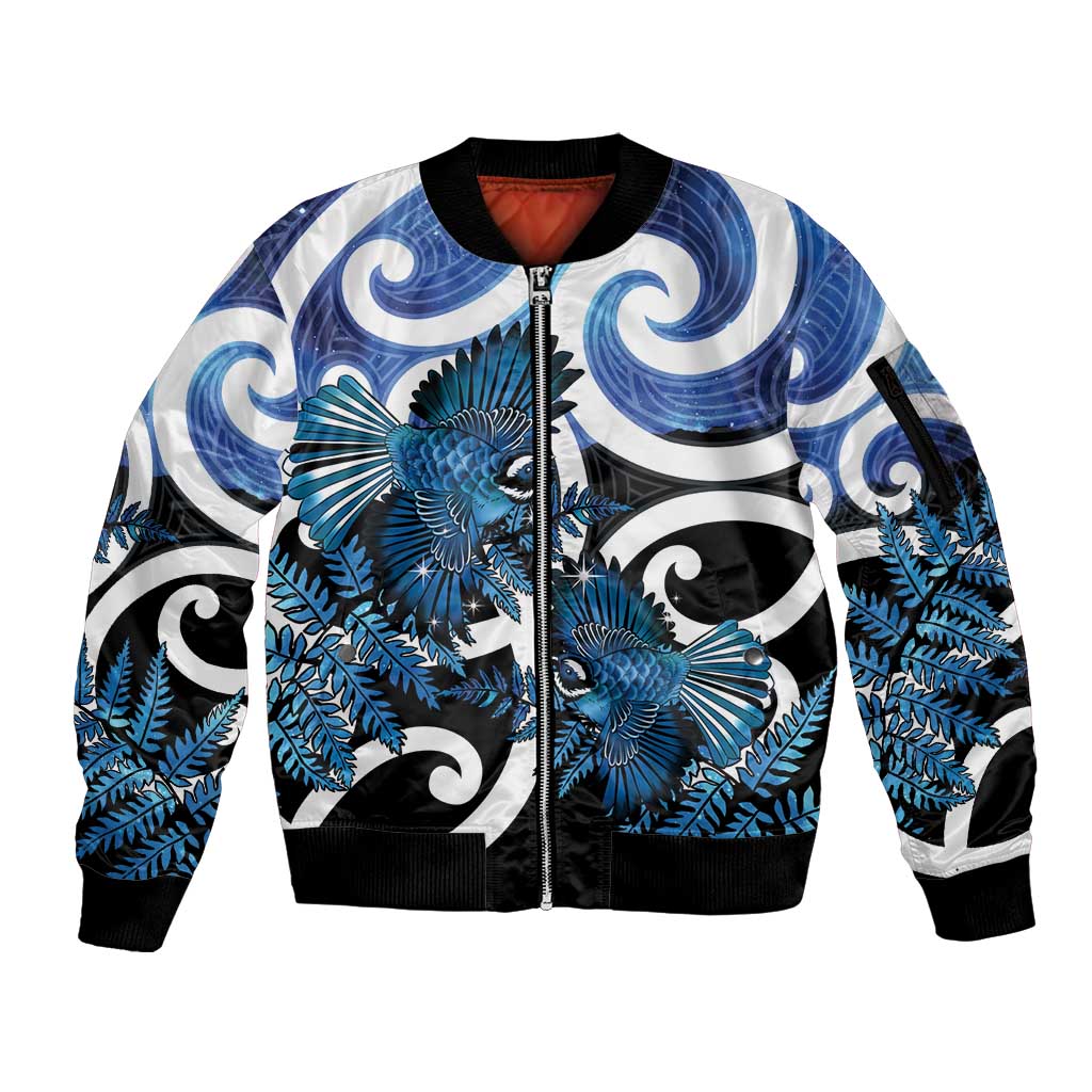 Piwakawaka New Zealand Matariki Sleeve Zip Bomber Jacket Maori New Year Silver Fern Blue Galaxy
