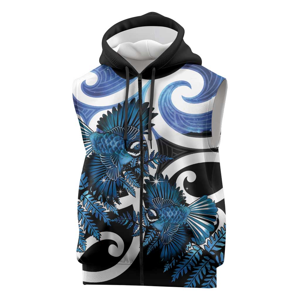 Piwakawaka New Zealand Matariki Sleeveless Zip Hoodie Maori New Year Silver Fern Blue Galaxy LT14 Blue - Polynesian Pride