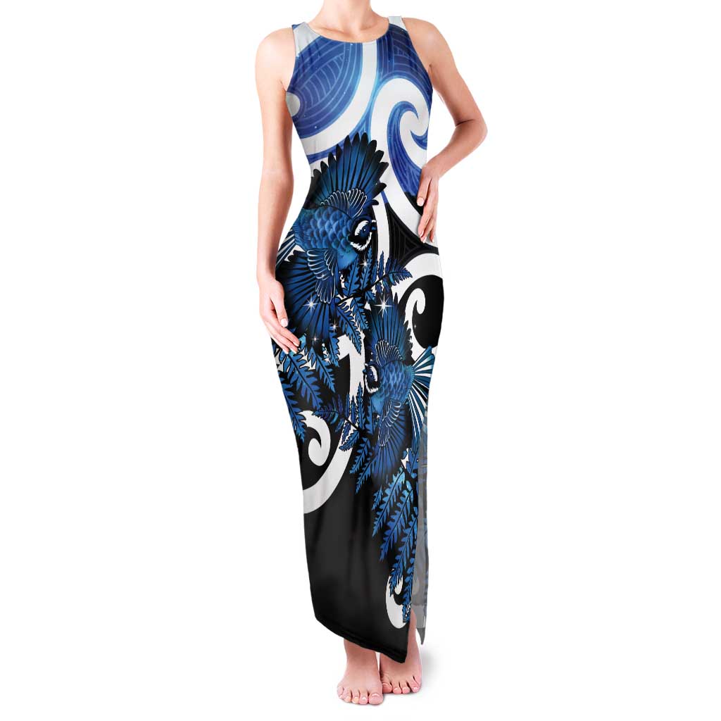 Piwakawaka New Zealand Matariki Tank Maxi Dress Maori New Year Silver Fern Blue Galaxy LT14 Women Blue - Polynesian Pride