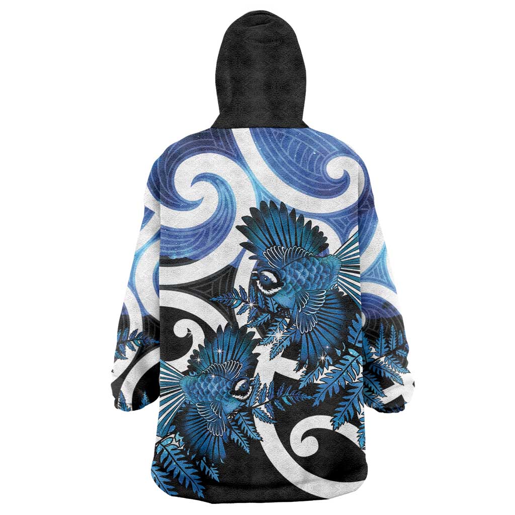 Piwakawaka New Zealand Matariki Wearable Blanket Hoodie Maori New Year Silver Fern Blue Galaxy LT14 - Polynesian Pride