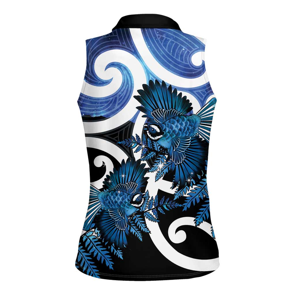Piwakawaka New Zealand Matariki Women Sleeveless Polo Shirt Maori New Year Silver Fern Blue Galaxy LT14 - Polynesian Pride