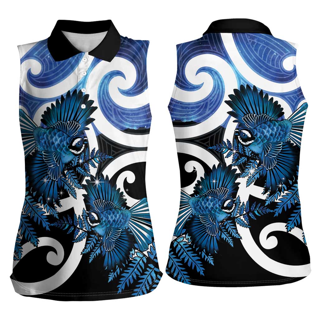 Piwakawaka New Zealand Matariki Women Sleeveless Polo Shirt Maori New Year Silver Fern Blue Galaxy LT14 - Polynesian Pride