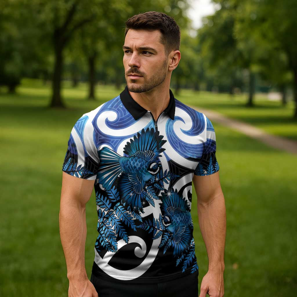 Piwakawaka New Zealand Matariki Zipper Polo Shirt Maori New Year Silver Fern Blue Galaxy LT14 - Polynesian Pride