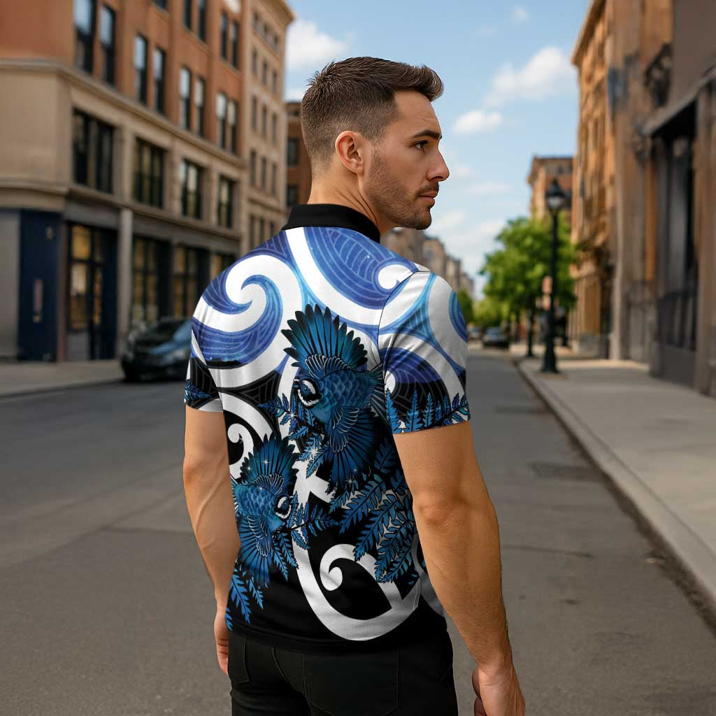 Piwakawaka New Zealand Matariki Zipper Polo Shirt Maori New Year Silver Fern Blue Galaxy LT14 - Polynesian Pride