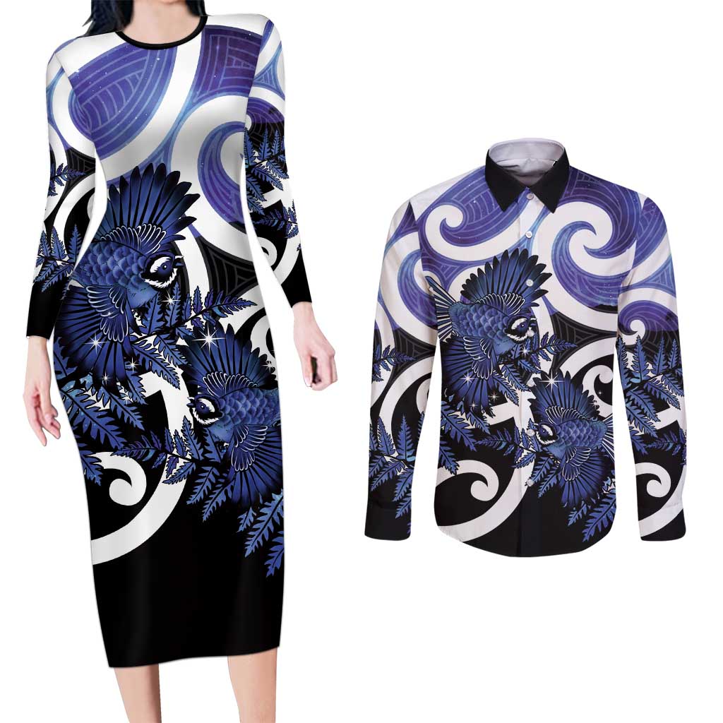 Piwakawaka New Zealand Matariki Couples Matching Long Sleeve Bodycon Dress and Long Sleeve Button Shirt Maori New Year Silver Fern Purple Galaxy
